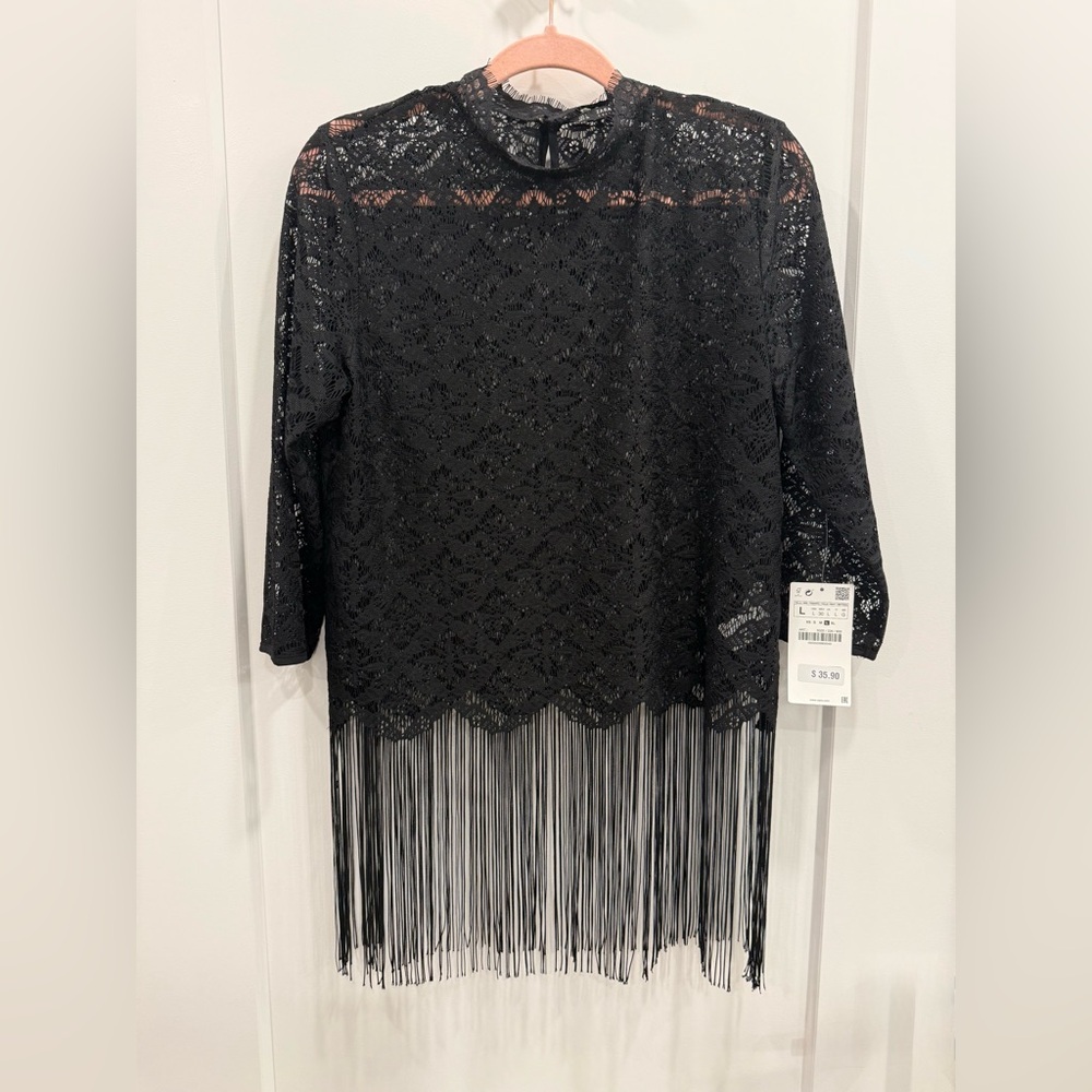 Zara Black Sheer Lace Fringe Hem Blouse – NWT – Size Large